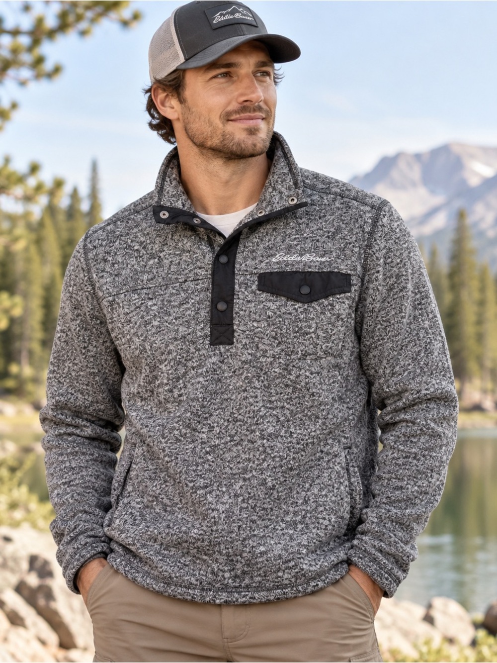 Men’s Sweater Fleece Pullover Large Gray Snap Neck Eddie Bauer Zip Pockets